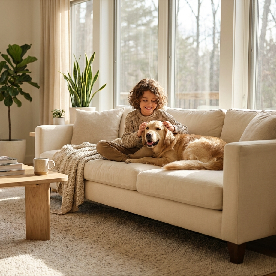Child sitting with a golden retriever on a couch