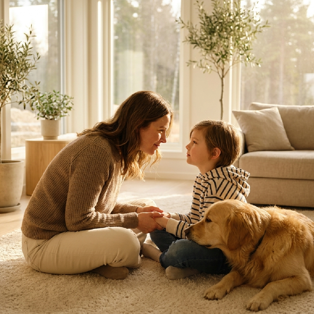 Parent talking with a child beside an emotional support dog at home