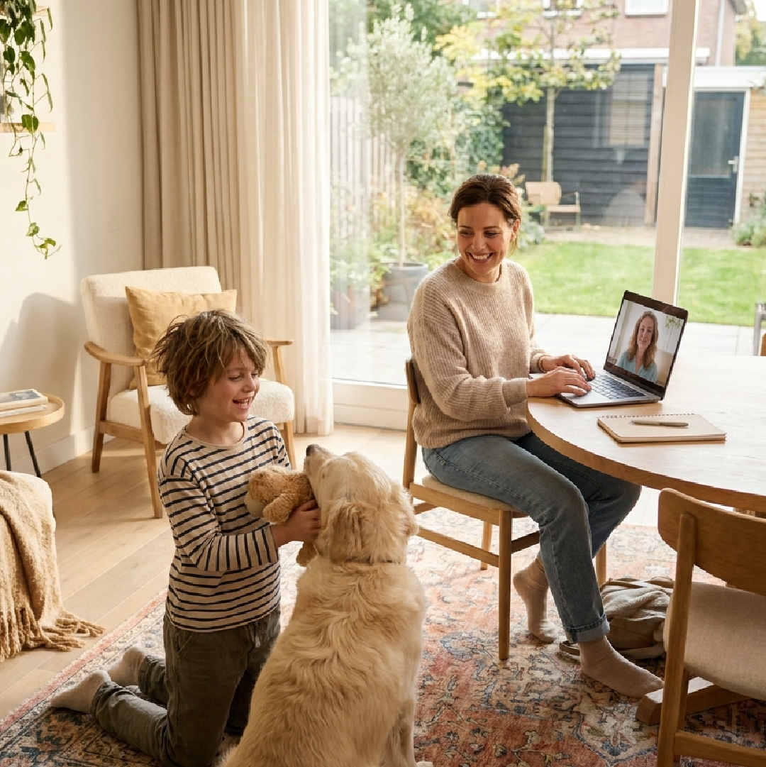 Woman on a video call at a round table while a boy pets a dog at home in a bright living room.