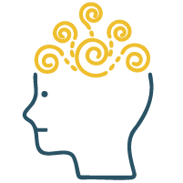 Stylized blue outline of a head with a yellow spiral brain, symbolizing creative thinking.