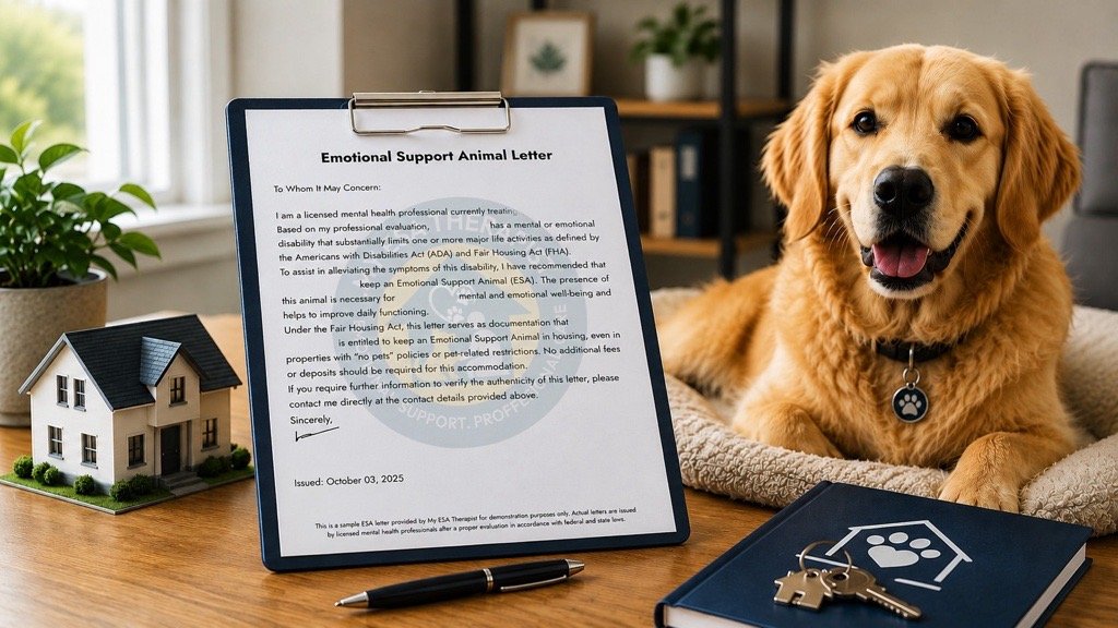 ESA letter sample on a clipboard with a golden retriever