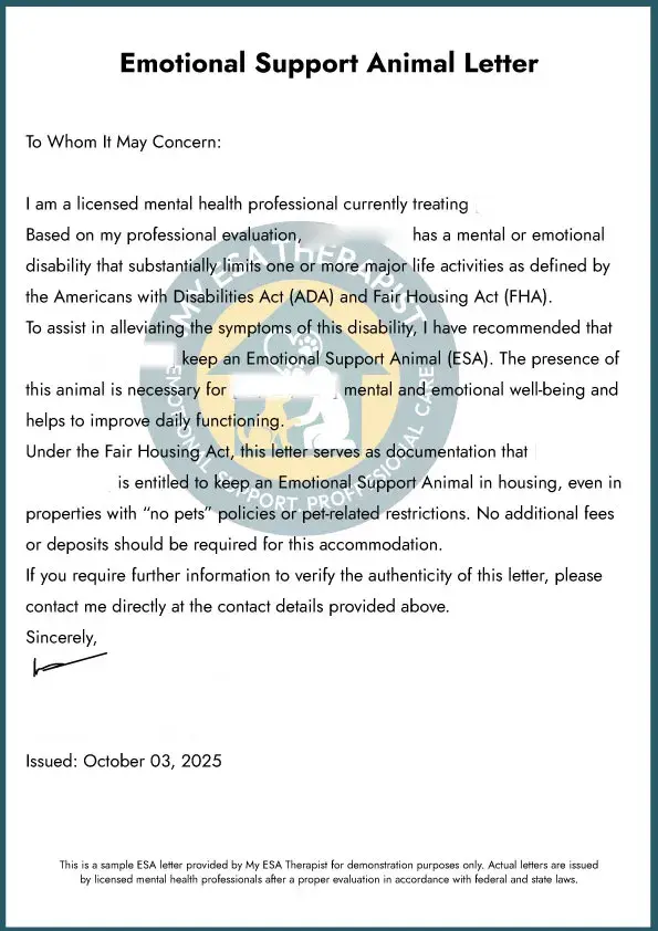 emotional support animal letter sample