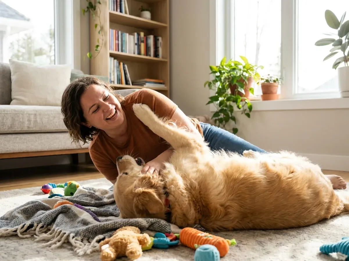 Woman relaxing with her emotional support dog at home