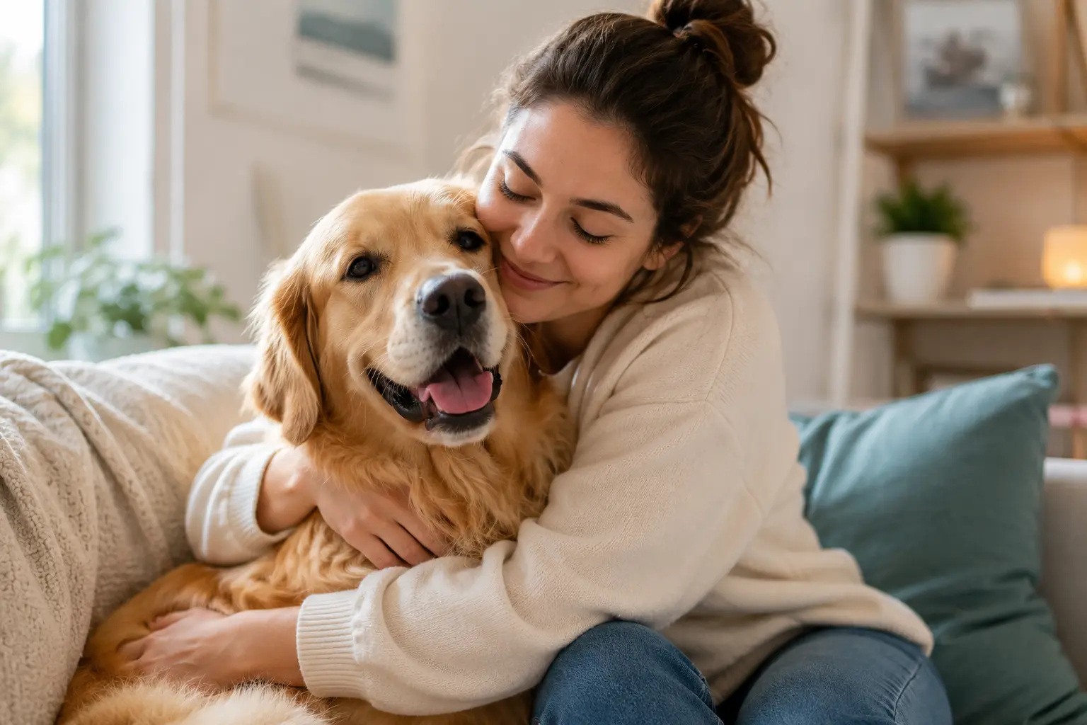 Woman affectionately hugging her emotional support dog on a couch